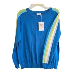 NWT Edinburgh Knitwear Blue Sweater with Arm Stripes Pima Cotton